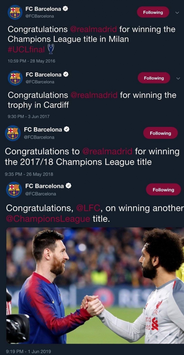 Barca gratulująca Realowi wygrania LM vs Barca gratulująca Liverpoolowi wygrania LM :D